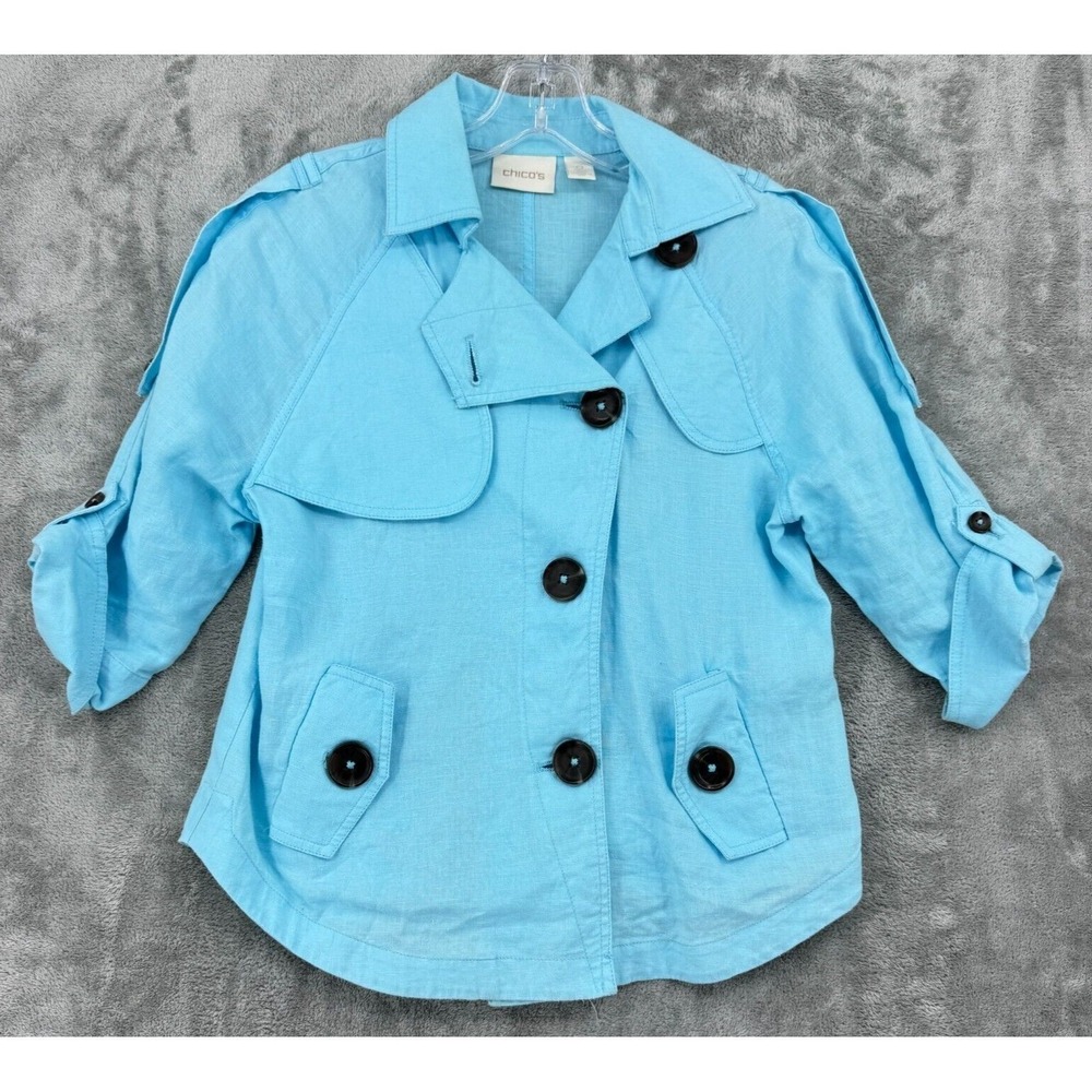 Chicos Jacket Womens 0 US Small Linen Button Artsy Big Buttons Boho Coastal Blue